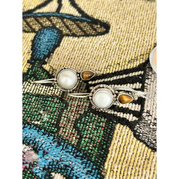 925 Silver Pearl/Tiger Eye Earrings - Picture 7 of 8